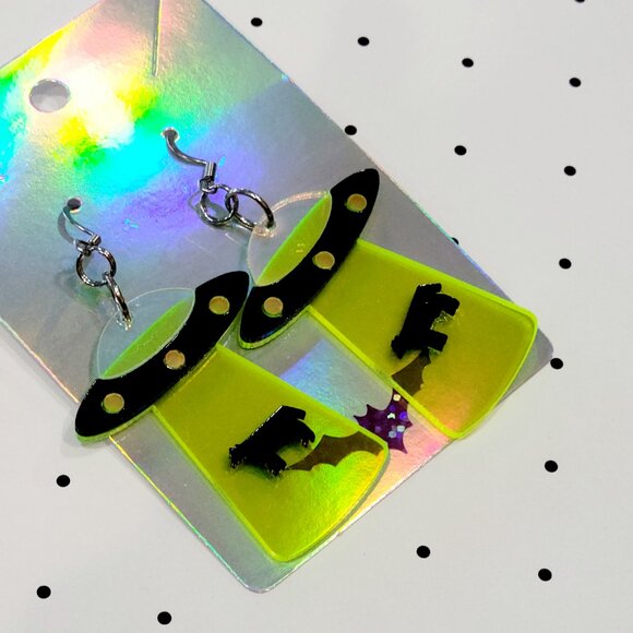 Yellow Spaceship Beaming Up A Cow Earrings Stainless Steel Hooks Funky Teacher - Picture 5 of 5